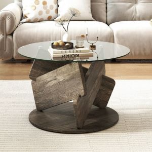 Table Basse Ronde en Verre Table Centrale Moderne de 81 cm avec Plateau en Verre Tremp&eacute; Transparent Pieds en Bois Massif Gris
