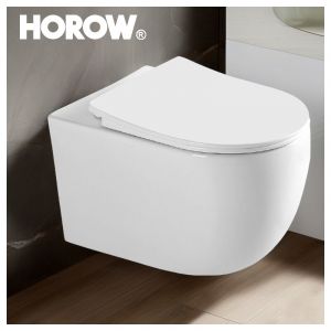 Cuvette wc Suspendu sans Rebord avec Charniere Abattant Soft-Close - Toilette Suspendu en C&eacute;ramique Blanc - Chasse d'Eau Directe et sans Bordure-52,5