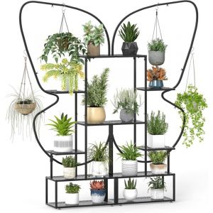 GOPLUS Support pour Plantes en M&eacute;tal 7 Niveaux, &Eacute;tag&egrave;re &agrave; Fleurs en Forme de Demi-lune avec Crochet, Dispositif Anti-Basculement, pour Balcon,