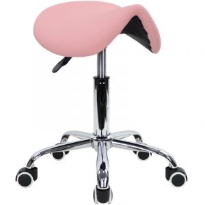 Tabouret Selle de Cheval Tabouret &agrave; roulettes r&eacute;glable en Hauteur 45-61 cm en Cuir PU Rose - KKTONER