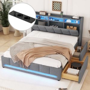 Lit 160x200 cm, 2 places, avec 2 tiroirs, tête de lit de rangement caché, led, port usb, sommier à lattes en bois, lit capitonné en lin - Gris