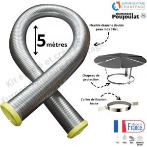 Kit tubage flexible double peau inox diamètre 80 + collier de fixation haute + chapeau Poujoulat 5 mètres