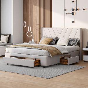 Lit double 140x190 cm, avec 3 tiroirs, motif en v, sommier à lattes en bois, cadre en métal, lit capitonné en lin - Beige
