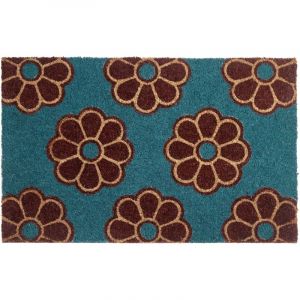 Paillasson d'Entr&eacute;e en Fibre de Coco 50 x 80 cm Dessous PVC Antid&eacute;rapant Motif Floral Bleu Kulik