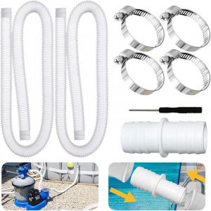 Lot de 2 Tuyaux de Piscine 32 mm , Avec 4 Clips de S&eacute;curit&eacute; et 1 Raccord de Tuyau, Tuyau de Piscine de 150 cm et 32 mm, Pour Pompe de Filtration et