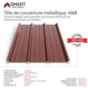Bravo The Smart Solution - Tôle bac acier - Toiture - Couverture - plaque TR45 Coloris Rouge Terracotta ral 8012 Dimensions 2000x1050x0.50mm