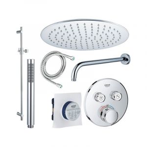 Grohe Grotherm Ensemble de douche avec partie encastrable et partie de finition et pomme de douche 25cm et bras mural avec douchette stick, barre