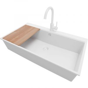 Primagran - Evier Cuisine en Granit 88x50cm, Lavabo 1 bac + Robinet 32x20cm + Kit de Vidage + Accessoire, Évier à Encastrer au meuble 90cm - Oslo,