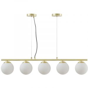 Lustre en m&eacute;tal et verre blanc - 5 globes - L. 100 x H. 120 cm - Dor&eacute; - SOFIA