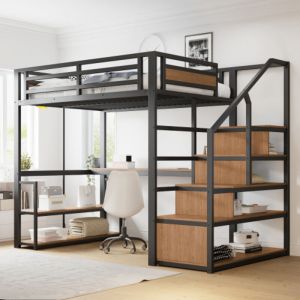 Lit mezzanine adulte 140x200 cm avec escalier de rangement, &eacute;tag&egrave;res, bureau, barri&egrave;re de s&eacute;curit&eacute;, en m&eacute;tal, sans matelas, noir
