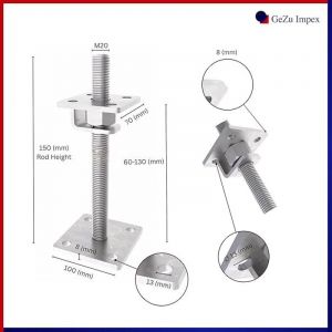 Pied de poteau carr&eacute; r&eacute;glable en flocon de zinc 70 x 70 mm &ndash; hauteur ajustable 60 &agrave; 130 mm avec platine bois pour cl&ocirc;tures &ndash; GeZu Impex