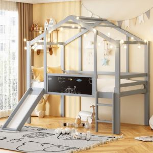 Lit enfant 90x200 multifonction mezzanine - Équipé d'un toboggan de sécurité, échelle et tableau gris, bois massif (sans Matelas)