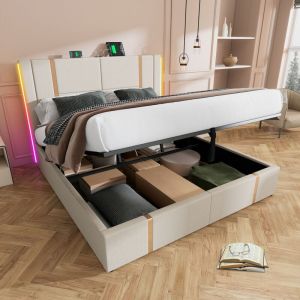 Okwish - Lit coffre 160x200 cm lit double rembourré avec charge usb Type c, éclairage led et sommier à lattes en bois, en lin, beige, sans matelas
