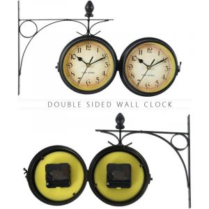 Horloge murale double face, horloge de jardin r&eacute;tro europ&eacute;enne avec double surface en verre, horloge de d&eacute;coration vintage suspendue avec support,