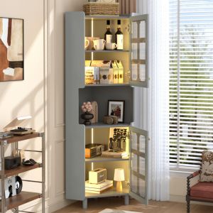 Buffet haut LED, Meuble d'angle rangement en MDF laqu&eacute;, LED pilotable via appli, pour salon/chambre/salle de bain, gris