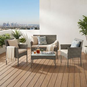 Ensemble Mobilier de Jardin 4 Places, Fauteuils et Banquette en R&eacute;sine Tress&eacute;e, Table, pour Patio, Gris