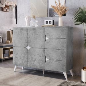Modfu - Buffet et buffet 120x35x94cm commode avec 4 tiroirs et 3 portes, design de forme spéciale, salon/chambre, aggloméré, gris et blanc