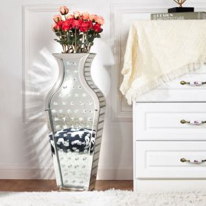 Shyfoy - Vase de sol extra large en perles octogonales, miroir, décoration en cristal argenté, décoration de luxe pour la maison, 29x15x70cm