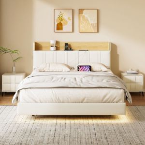 Lit adulte 140x190 cm, lit double avec t&ecirc;te de lit rangement, lit flottant avec LED et 2 ports USB, sommier &agrave; lattes en bois, style scandinave, PU,