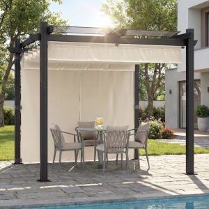 Pergola de Jardin 3x3m avec Toit Ouvrant R&eacute;glable &agrave; Fermeture Magn&eacute;tique Ch&acirc;ssis en Aluminium avec une Paroi Lat&eacute;rale Toit en Polycarbonate 100%