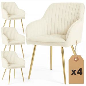 Lot de 4 Chaises en velours &agrave; surpiq&ucirc;res FLORENCE Cr&egrave;me pieds dor&eacute;s