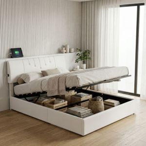 Lit coffre 160x200 avec sommier, Ports USB/Type-C, lit double capitonn&eacute;, lit adulte, t&ecirc;te de lit r&eacute;glable, velours, style scandinave, Blanc