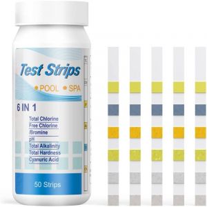 Bandelettes de Test pour Piscine et Thermes, 6 en 1 Test de Qualité d'eau sur Chlore/Chlore Libre/pH/Alcalinité/Acide Cyanurique/Dureté du Liquide,