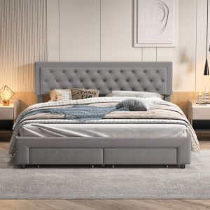 Lit Double 180x200, Lit Capitonné 180x200, Lit Coffre avec 2 Tiroirs, Tête de Lit Capitonnée, Lit Adulte avec Rangement, Cadre de Lit Sommier à
