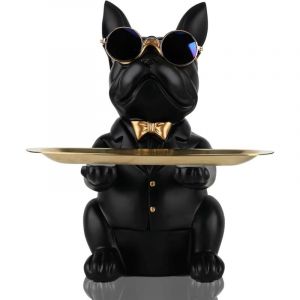 Statue de Plateau de Rangement de Table de Bouledogue Noir en r&eacute;sine, Tirelire de Sculpture de Bouledogue, cl&eacute;s, Bonbons, Plateau de Rangement de