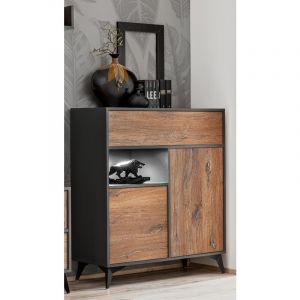Commode Buffet Orvieto 3D, Ch&ecirc;ne/Anthracite, Largeur 100cm x Hauteur 113,5cm x Profondeur 40cm, led, pour Salon &lrm;, Chambre &lrm; - Komodee
