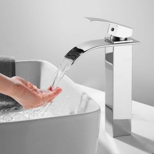 Haut Robinet de Lavabo Cascade, Robinet Salle de Bain avec Eau Froide & Chaude Disponible, Haut Cascade de Mitigeur Lavabo, Chrom&eacute;
