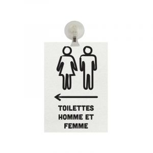 Panneau pvc 'toilettes homme et femme' flèche à gauche fond blanc format A5 avec fixation ventouse