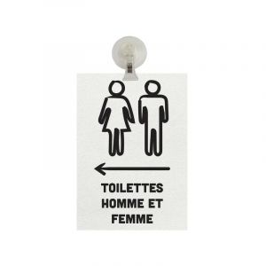 Panneau pvc 'toilettes homme et femme' flèche à gauche fond blanc format A5 avec fixation ventouse - Blanc