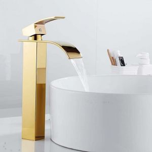 SNQ - Robinet Lavabo Cascade, Mitigeur D'évier Buse Plate,Robinet Salle de Bain Eau Froide Chaude Disponible, Style Moderne Chromé (haut, Doré)750g
