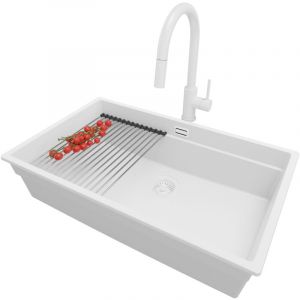 Primagran - Evier Sous Plan 76x47cm, Evier en Granit 1 bac + Robinet 40x20cm + Kit de Vidage + Égouttoir Enroulable, Évier au meuble 80cm - Prague,