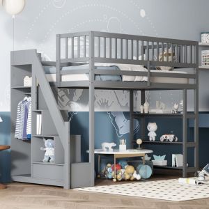 Dans Les Nuages - Lit mezzanine 90x200 cm, avec armoire, tiroirs, étagère, escalier de rangement, sommier à lattes en bois, lit combine enfant en