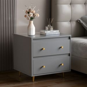 Table de Chevet, Table de Chevet avec 2 Tiroirs Scandinaves, Table de chevet moderne avec quincaillerie dor&eacute;e, Dimensions 45 x 40 x 52 cm, Gris