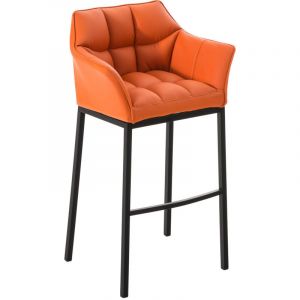 Tabouret de bar chaise haute de comptoir couture carr&eacute;es assise en PVC orange 4 pieds stables en m&eacute;tal noir 100004688