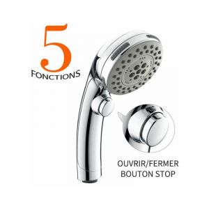 Pommeau de Douche Chrom&eacute; avec Bouton Stop Douchette &agrave; Main 5 Jets au Choix Pomme de Douche Picots Anticalaire Type Universel