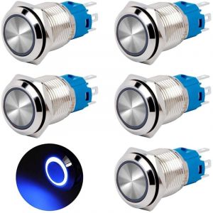 Bouton Poussoir Momentané 16mm Interrupteur Poussoir 12V/24V dc 3A Étanche Interrupteur à Bouton-poussoir en Laiton Chromé avec Lumière led Anneau