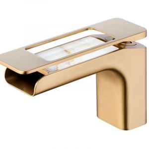 Robinet de Lavabo Cascade - Robinet Monobloc Mixte en Laiton avec Effet Chute d'Eau - Finition Dor&eacute;e Bross&eacute;e pour Salle de Bain et Cabinet de