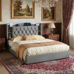 Lit coffre capitonn&eacute; 140x190, 2 places, lit avec espace de rangement, LED, sommier &agrave; lattes en bois, cadre en m&eacute;tal, style classique, lit adulte en