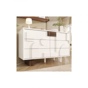Commode à 6 tiroirs avec portes à motifs géométriques, sans poignées, pieds en bois massif, blanc, pour salle à manger, salon, chambre