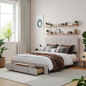 Lit avec tiroirs 140x190cm, dossier confortable, avec tiroirs et tête de lit, velours, lit pour adultes et adolescents, lit adulte Scandinave, Beige