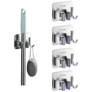 Accroche Balai Mural 5 Pi&egrave;ces, Porte Balais Mural sans Percage, Support Balais Mural Adhesif avec Crochet, Range Balai Acier Inoxydable, Porte Outils