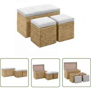 The Living Store - Banc avec 2 poufs Jacinthe d'eau Gris - Banc Coffre - Banc Ext&eacute;rieur - Mobilier De Jardin - Set Banc Pouf - Jacinthe D'eau