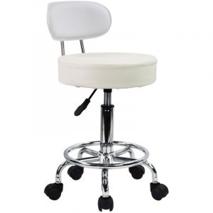 Tabouret de bureau pivotant r&eacute;glable en hauteur &ndash; Si&egrave;ge ergonomique 8 cm &ndash; 5 roues &agrave; roulement doux &ndash; Cuir synth&eacute;tique durable &ndash; Blanc &ndash; Kktoner