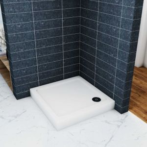 Ocean Sanitaire - Océan Receveur de douche L.76 x l.76cm blanc, carré, Extra-plat avec le kit de plinthe, 6 pieds, bonde de douche et siphon