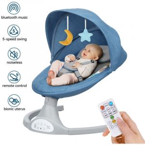 Transat &eacute;lectrique pour b&eacute;b&eacute;, balancelle 5 vitesses avec musique Bluetooth et moustiquaire, convient aux b&eacute;b&eacute;s de 0 &agrave; 12 mois, jusqu'&agrave; 9 kg, bleu