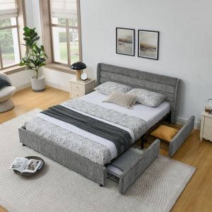 Lit adulte double 160x200 cm lit avec tiroir, 4 tiroirs de rangement, sommier &agrave; lattes tapiss&eacute;, chenille, sans matelas, gris